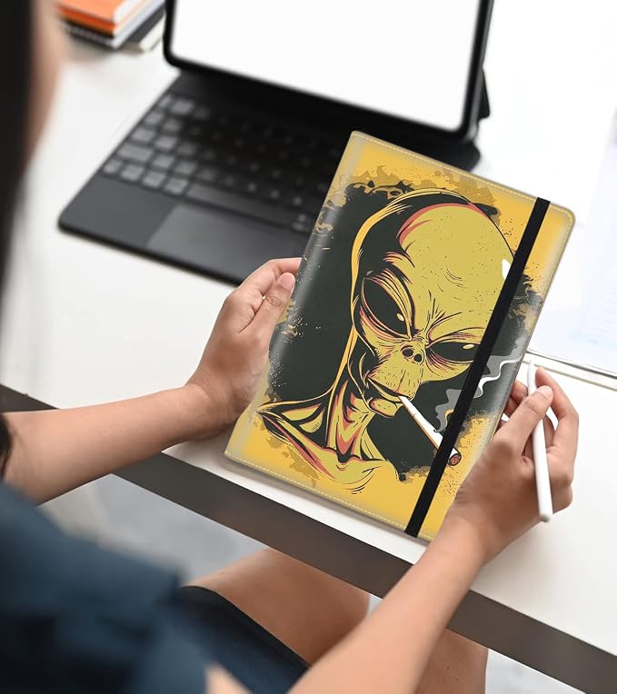 A5 Leather Lined Journal Notebook, 200 Pages Hardcover Executive Notebook for Office School Note Taking, Thick Writing Paper Daily Journal with Bookmarks/Indexes,Weed Smoking Space Alien
