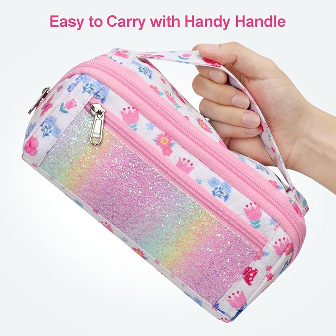 Large Pencil Case for Girls - Aesthetic Pencil Pouch for School | Kids Pencil Case & Wide Handle, Water Resistent Organizer Box,Fits 50 Pens & Markers, Daily Use, Floral Butterfly