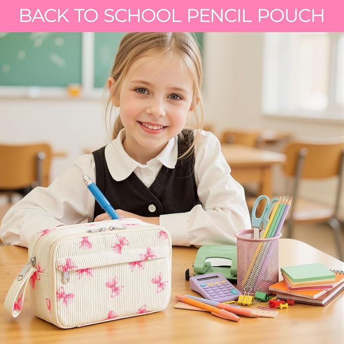 WOBAGMEN Cute Pencil Case,Large Corduroy Zippered Pencil Case Pouch, aesthetic Pencil Bag with Compartments, Pencil Pouch School Supplies (Pink Big Bow)