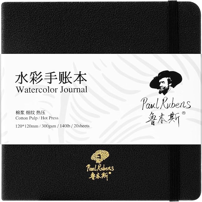 Paul Rubens Square Watercolor Journal, 100% Cotton Acid-Free Hot Press Watercolor Sketchbook 4.72 * 4.72 Inches, 140lb/300gsm,20 Sheets for Watercolors, Gouache, Acrylics