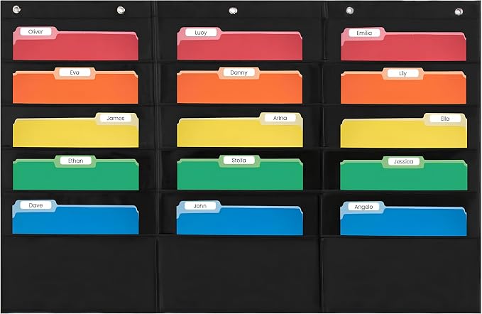Essex Wares - 15 Pocket File Pocket Chart, Black, 42"x28" | Versatile Wall Hanging File Folder Organizer for Classrooms, Offices, Home, and More - Wall Folder Organizer