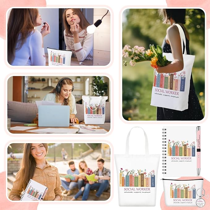 Watersay 5 Pcs Social Worker Appreciation Gifts, Cosmetic Bag, Canvas Bag, Coil Notebook, Ballpoint Pen and Keychain for Women Office School Graduation Advocate Coworker Christmas Anniversaries Gift