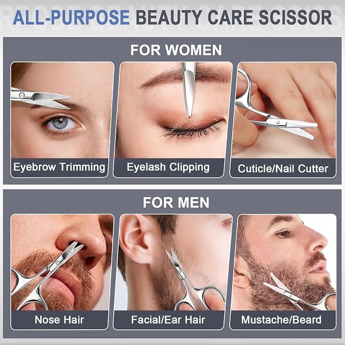 2 Pack Eyebrow Nose Hair Scissors, Stainless Steel Rounded Tips | Small grooming scissors for mustache, beard and facial hair. Compact 2.7 inch for travel. Rounded tips for men and women.