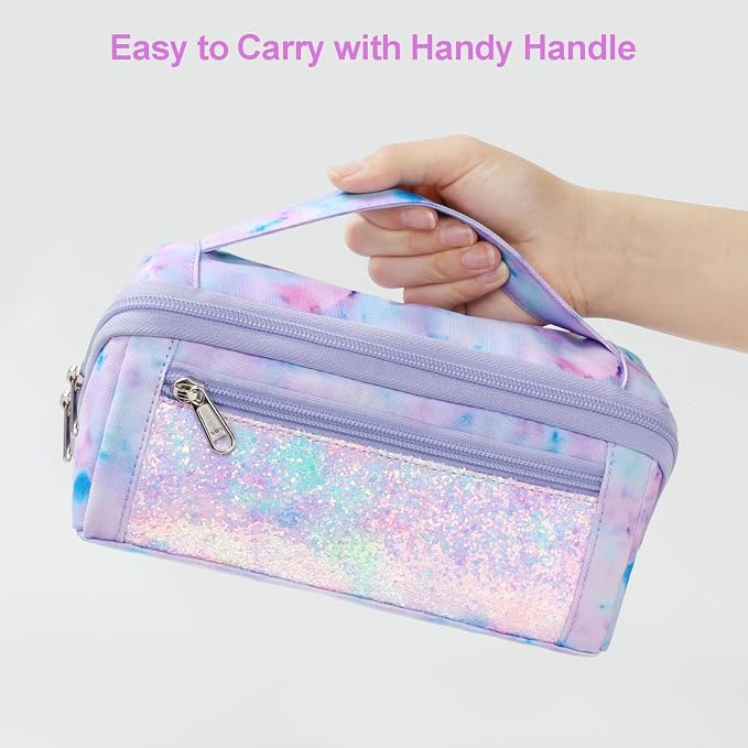 Large Pencil Case for Girls - Aesthetic Pencil Pouch for School | Kids Pencil Case & Wide Handle, Water Resistent Organizer Box, Fits 50 Pens & Markers, Daily Use, Glitter Purple Tie-Die