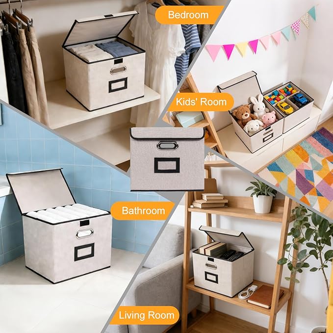 Large Square Storage Bin with Lid, Foldable Organizer Box with Handles & Label Design, for Office, Closet, Home, Documents, Grey, 12.20 x 10.63 x 10.63 Inches, 2 Pack