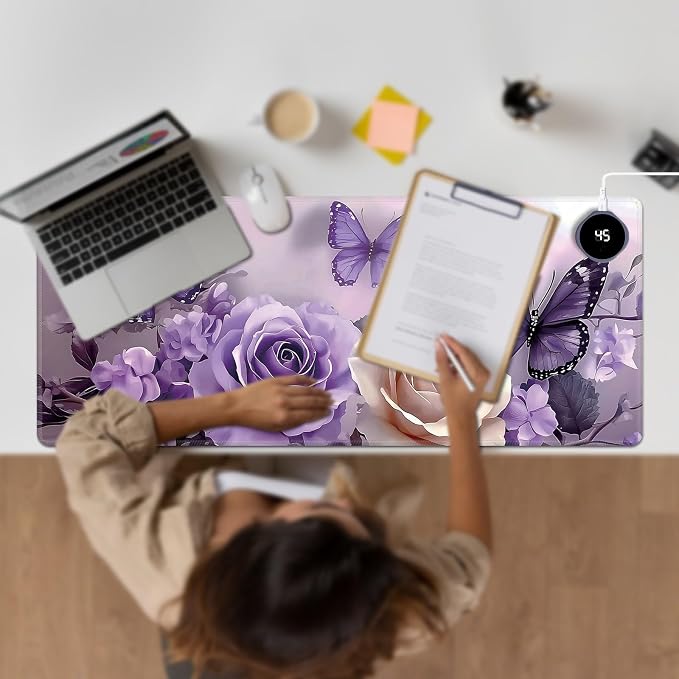 Heated Desk Pad Large Mouse Pad 31.5 x 13 inch with 3 Levels Heating & Auto Shut-Off Warm Mouse pad PU Leather Computer Mousepad for Home Office Work - Purple Roses and Butterflies