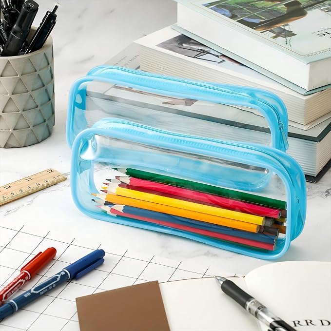 Tatuo 4 Pieces Clear PVC Bags Big Capacity Zipper Pencil Pouch Case Travel Luggage Makeup Cosmetic Bag(Sky Blue)