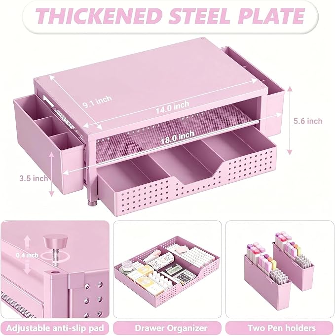 OPNICE Desk Organizers and Accessories, 2-Tier Computer Monitor Stand Riser with Drawer and 2 Pen Holders, Laptop Stand, Office Desk Accessories for Office Supplies, Pink