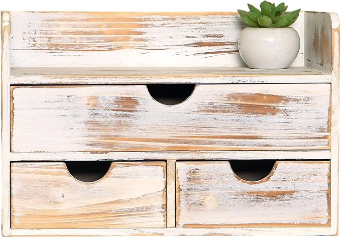 Vintage Rustic Brown Wooden 3 Drawer with Shelf Office Desk Organizer & Mail Rack For Desktop,Box for Office Home Toiletries Supplies Vanity, No Assembly Required (Rusitc White)