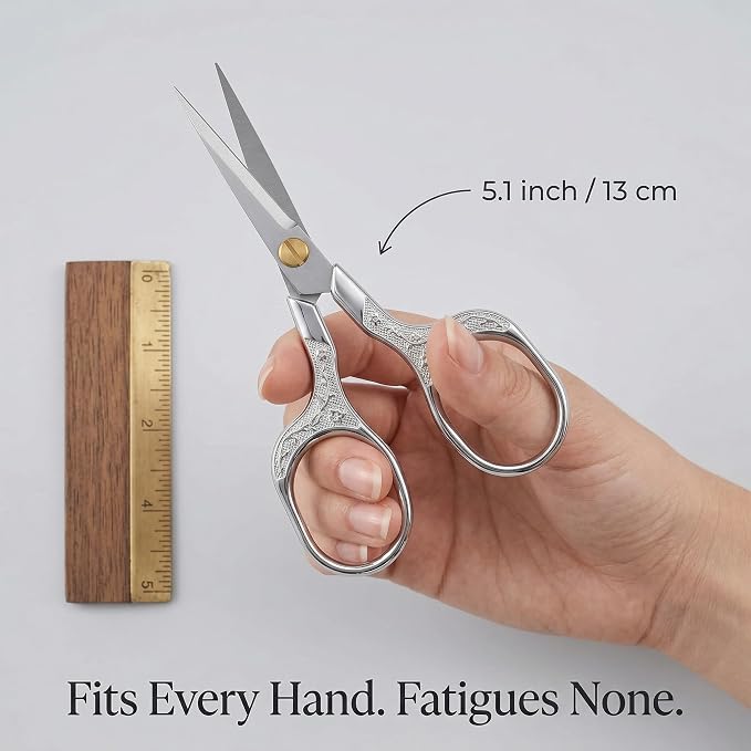 Silver Stainless Steel Scissors with Leather Cover, 5" Sharp Embroidery Scissors for Precise Cutting, Ultra-Sharp Vintage Needlepoint Snips for Yarn, Fabric & Crafts, Professional Metal Crafting Tool