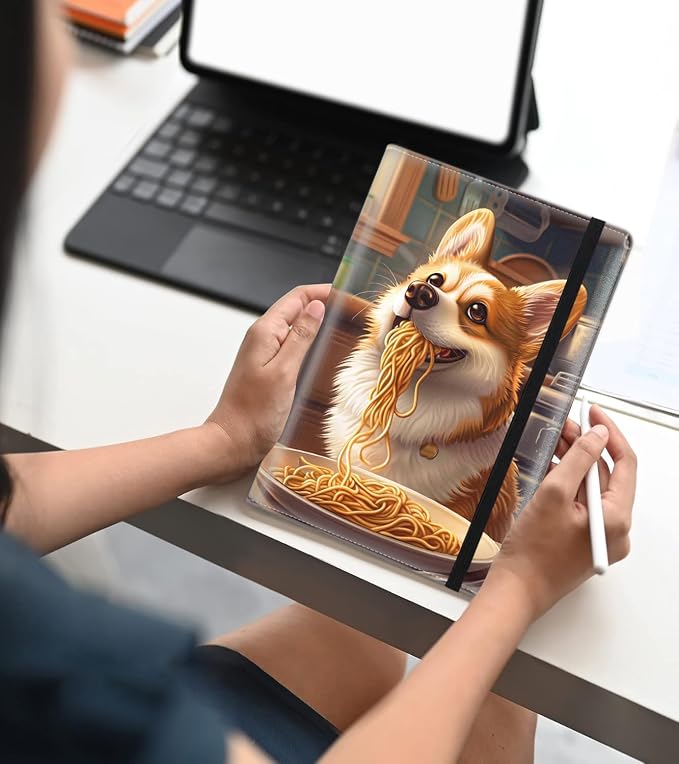 A5 Leather Lined Journal Notebook, 200 Pages Hardcover Executive Notebook for Men Women Office School Note Taking, Thick Writing Paper Daily Journal with Bookmarks/Indexes,Corgi Dog Eating Ramen