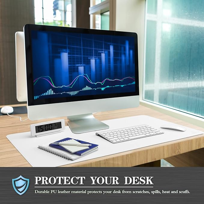 K KNODEL Large Sewing Leather Desk Mat, Desk Pad (White, 31.5" x 15.7") | Mouse and Keyboard Pad, PVC Computer and Laptop Mat, Desktop Protector and Cover, Writing Pad and Blotter for Home Office