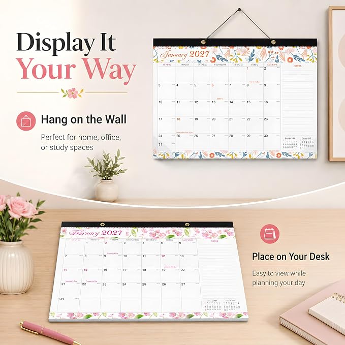 Desk Calendar 2026-2027 - Ougesi 19 Month Desk Top Calendar June 2026 - Dec 2027,17x12 Academic Desk Calendar with Thick Paper, Large Blocks for Home & Office (Floral)