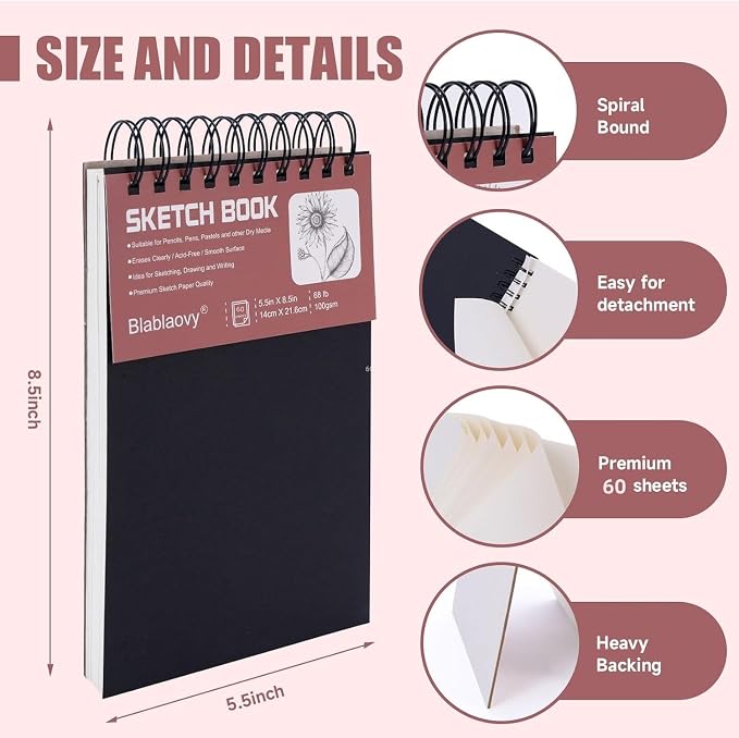 2 Pack Sketch Book, 5.5" x 8.5" Sketchbook With 100 Sheets (68lb/100gsm), Drawing Pad for Kids, Adults, Beginners, Artists - Acid Free Paper (2 Pack)