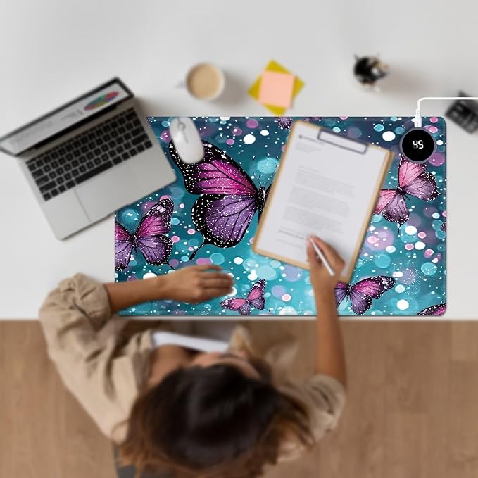 Heated Desk Pad Large Mouse Pad 23.6 x 14.1 inch with 3 Levels Heating & Auto Shut-Off Warm Mouse pad PU Leather Computer Mousepad for Home Office Work - Green Glitter Butterflies