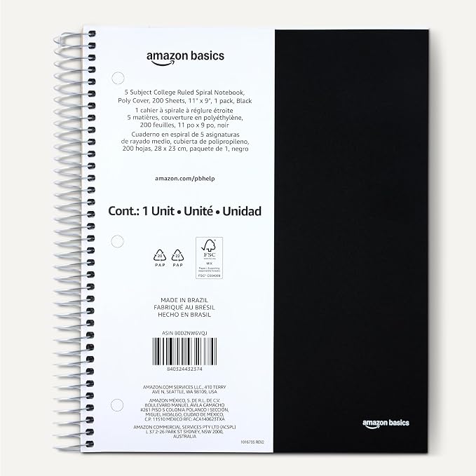 Amazon Basics College Ruled 5-Subject Spiral Notebook, 200 Sheets, 9" x 11", Black