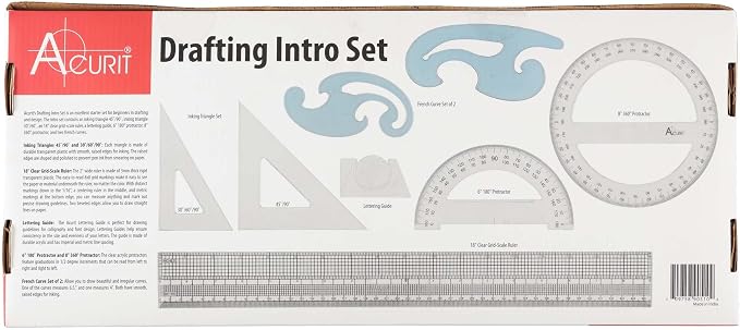 Acurit Drafting Introduction Set of 8 - Professional Drafting Tools for Architects & Artists: Includes Triangles, Grid-Scale Ruler, Lettering Guide, Protractors & French Curves - Drafting Kit