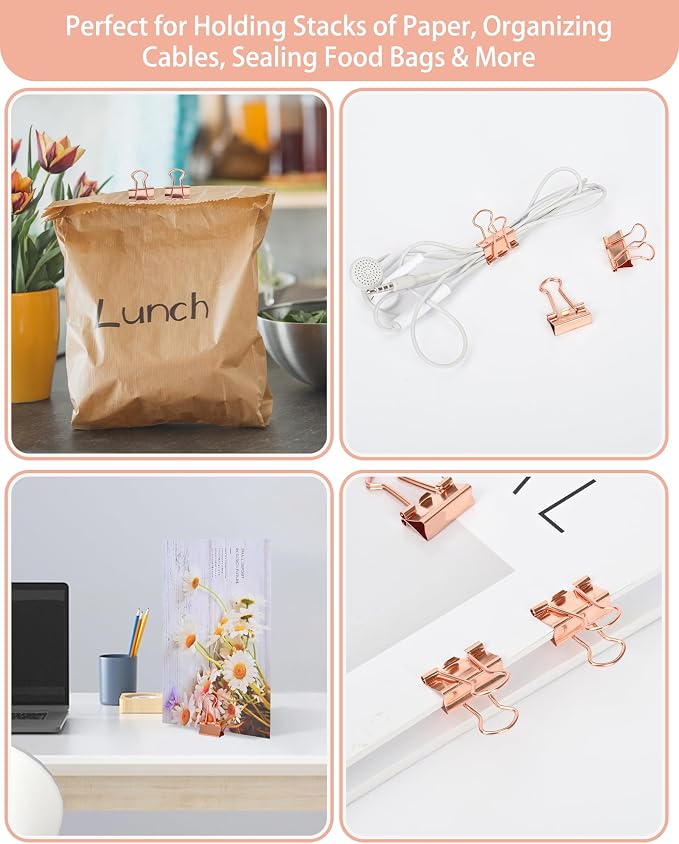 Binder Clips, 50 Pack, 0.75 in Small Paper Clips for Office,(Rose Gold)