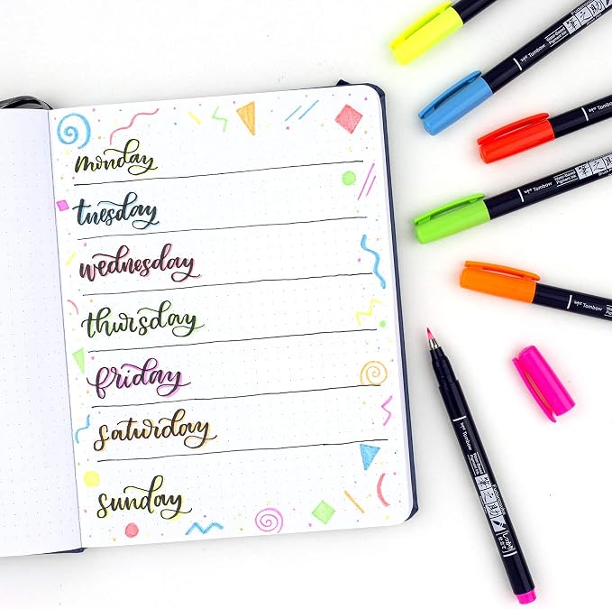 Tombow 56437 Fudenosuke Neon Brush Pen, 6-Pack. Hard Tip Fudenosuke Brush Pens in Assorted Neon Colors for Calligraphy and Art Drawings