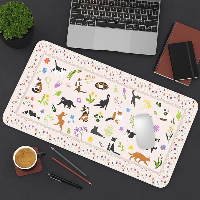 Cute Cats Large Mouse Pad, Desk Matt for Desktop, PU Leather Waterproof Desk Pad, Computer PC Laptop Protector Gaming Mouse Pads for Cat Lover Gifts (27.5" x 13.8")
