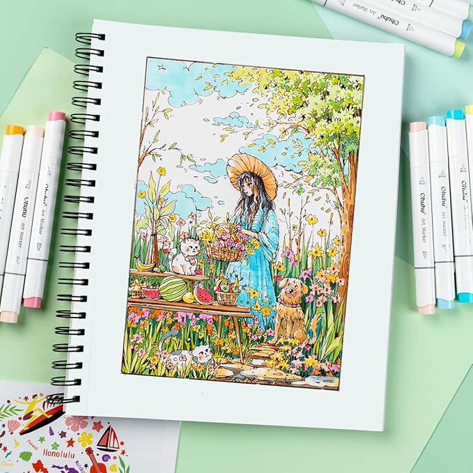 Ohuhu Double-Sided Marker Pads Art Sketchbook Bleedproof - 9"x12" Large Paper Size - 90 LB/150 GSM Smooth Drawing Paper - 60 Sheets/120 Pages, Spiral Bound Sketching Book for Alcohol Markers