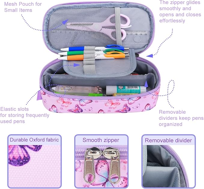 RHCPFOVR Kids Pencil Case for Girls-Soft Zipper Large Capacity Pencil Pouch for Girls Pencil Case for School Pencil Bag for Toddler (Purple Butterfly)