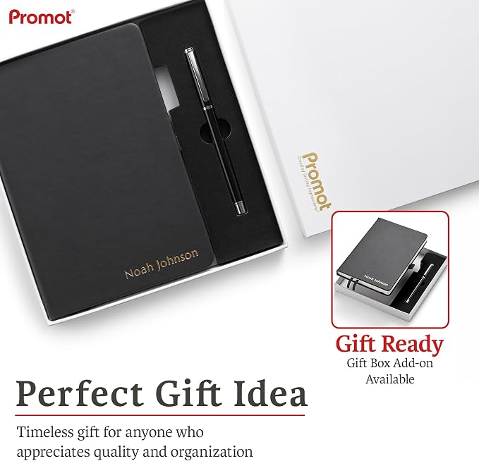 Promot PU Leather Ruled Journal Notebook- Custom Gold Metallic Text (Black) | Premium Leather-Look Cover, Smooth Lined Writing Pages, Durable Everyday Construction, Lay-Flat Writing Experience