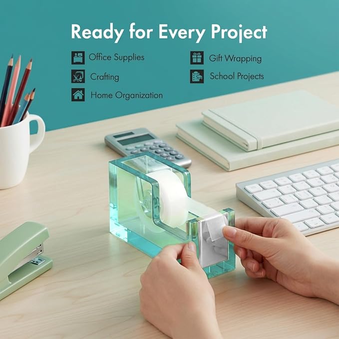 OfficeGoods Acrylic Tape Dispenser – Modern Desk Organizer for Office Supplies, Heavy Duty Refillable Tape Holder for Home and School Crafting, Stylish Desktop Accessory for Gift Wrapping, Green