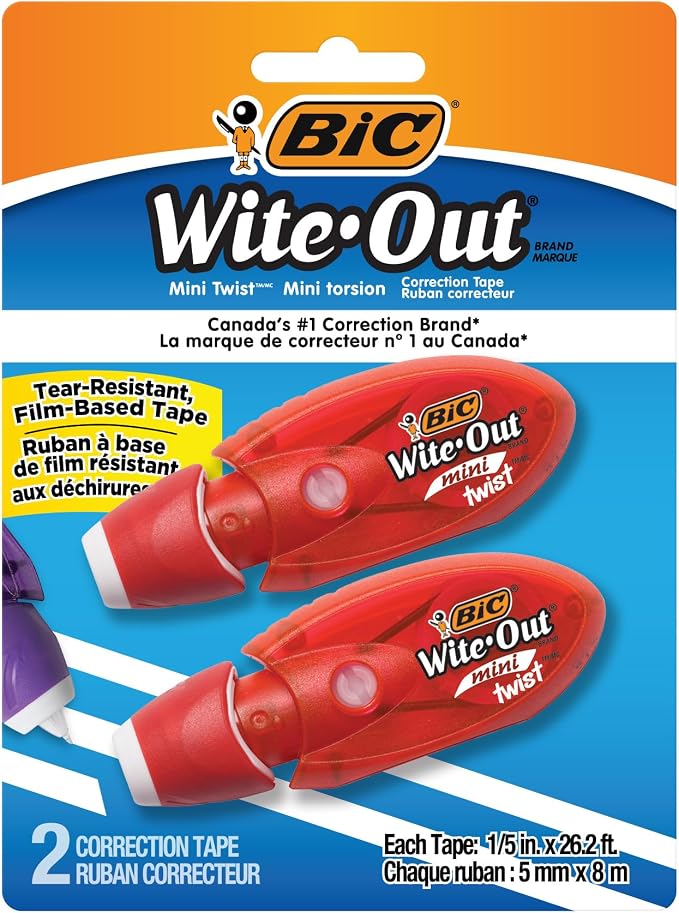 BIC Wite-Out Mini Twist Correction Tape, No Dry Time, Tear Resistant Tape, White, 2-Count