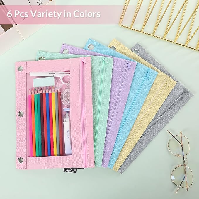 SKYDUE Pencil Pouch for 3 Ring Binder, 3 Ring Zipper Pencil Case with Clear Window, Large Binder Pencil Pouch with Grommets, Three Hole Pencil Holder for School(2 Pack)