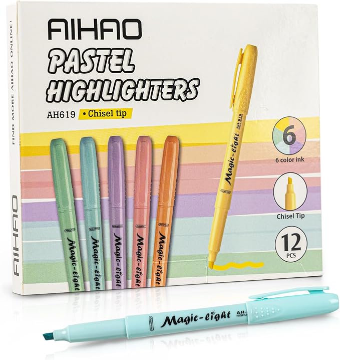 AIHAO Pastel Highlighters, Assorted Color, Chisel Tip Marker Pen, 12Pack, No Bleed, Aesthetic Cute Highlighter, Ideal for Office Home Supplies.