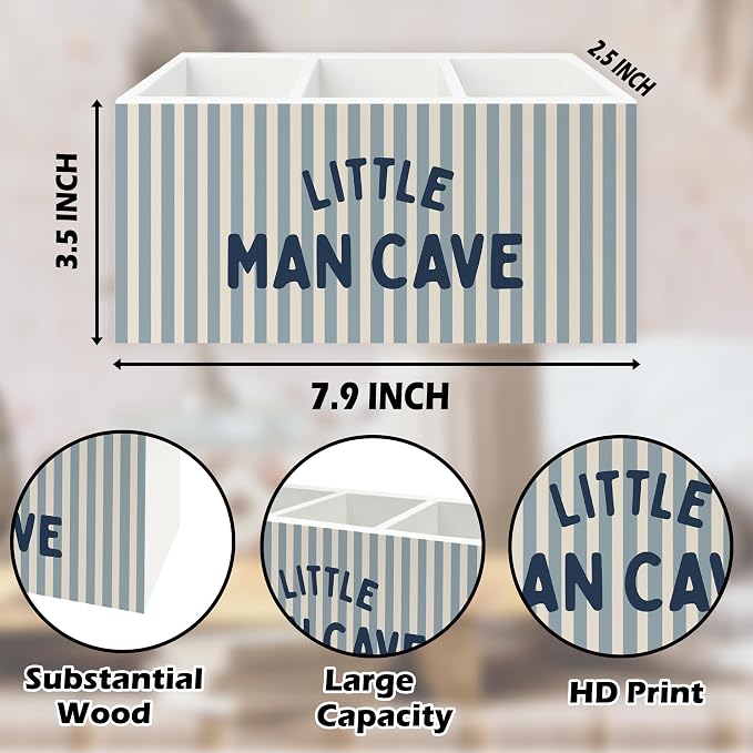 Boy Room Decor Pen Pencil Holder Organizer for Desk, Little Man Cave Retro Blue Striped Wooden Box Signs Decorations for Kids Boys Room Bedroom Playroom Desk Tabletop, Boy Nursery Decor