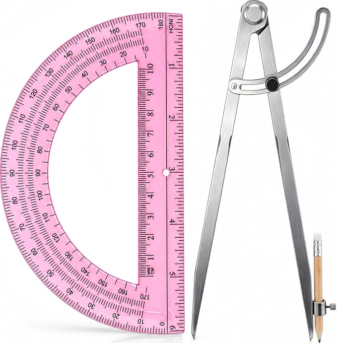 Zonon Professional 12 Inch Large Compass with Wing for Woodworking and 6 Inch Protractor Set, Pencil Compass for Geometry Math Carpenter, Drafting, Drawing Tool (Pink)