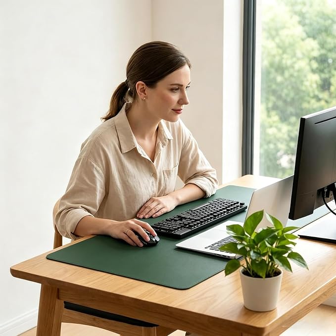 Desk Pad, 16.94'' x 35.07'' PU Leather Non-Slip Desk Mat Mouse Pad for Desktop, Waterproof Laptop Computer Writing Mat for Office, Home, Work, Dark Green
