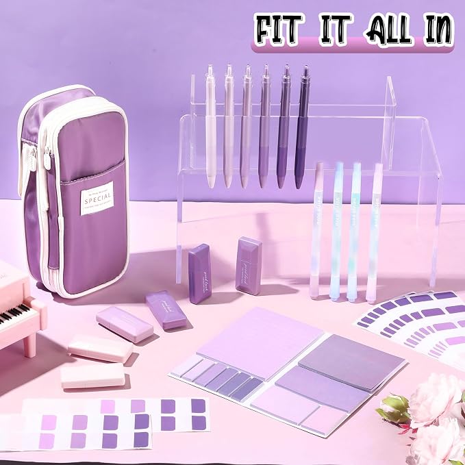 38 Pcs Aesthetic Office Supplies with Pen Case Sticky Notes Gel Pens Highlighters Correction Tapes Stationery Kit for Office Work Coworkers(Purple Color,Classic)