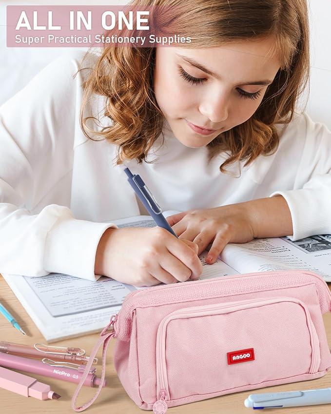 Nicpro School Supplies with Pen Case Pink, 52 PCS Stationery Set for Girls | Large Capacity Pencil Case with 12 Highlighters, 8 Pens, 10 Mechanical Pencil, 6 Multicolor Pen for back to school Essentials
