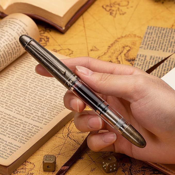 Asvine P30 Piston Fountain Pen Medium Nib, Retro Brass Style, Transparent Acrylic Large Ink Capacity Writing Gift Box