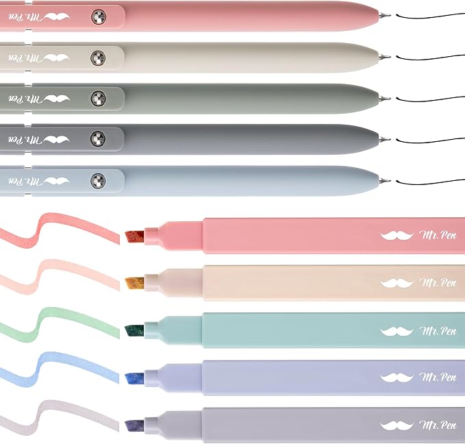 Mr. Pen- Aesthetic Highlighters and Gel Pens, 10 Pack | Morandi Colors Bible Highlighters No Bleed, Black Ink Gel Pens, Fast Dry and No Smear for Bible Journaling, Planner