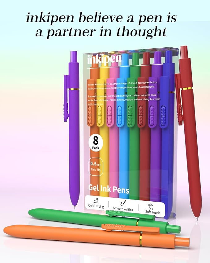 inkipen Blue Ink Pens, 8 Pcs 0.5mm Fine Point Retractable Smooth Fidget Pens, Quick Drying Colorful Writing Pens for Journaling School Office Supplies, Dopamine Colors