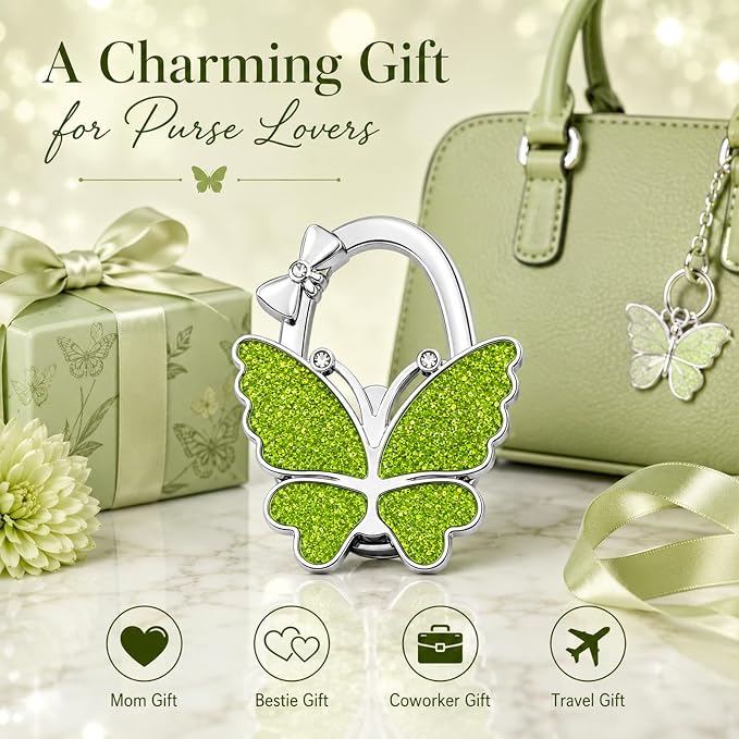Purse Hook for Table, Foldable Handbag Hanger for Women, Portable Bag Holder with Non-Slip Base, Cute Green Butterfly Purse Table Hook for Restaurant Office Travel Gift