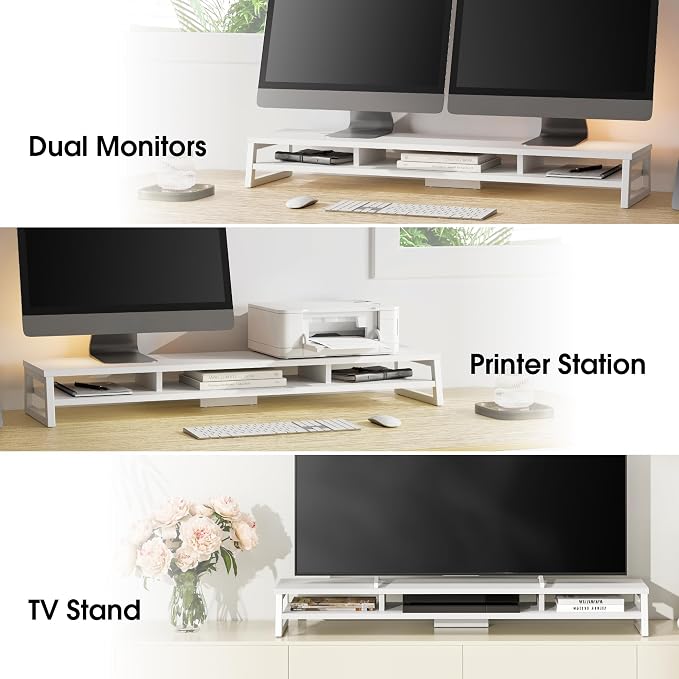 Fenge Dual Monitor Riser for Desk, Open Shelf with 3 Storage Compartments | 42.5in Computer Monitor Stand, 2-Tier Desk Shelf for Top of Desk,One-Piece Panel, fit Ultrawide Monitor, PC, Laptop, White