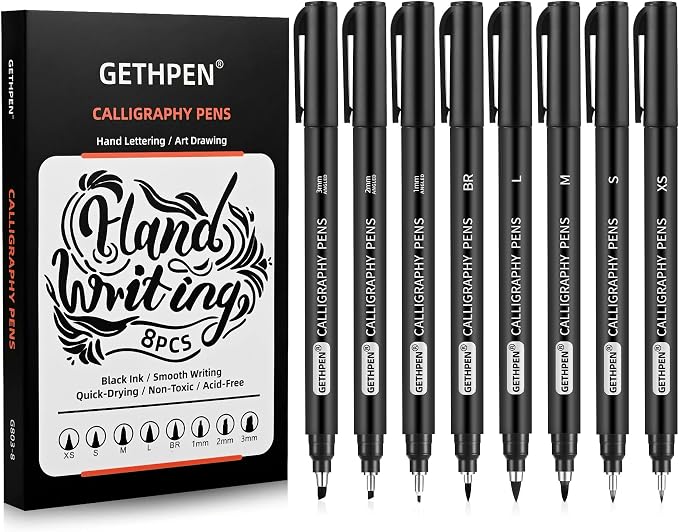GETHPEN Calligraphy Brush Pen Set, Black Archival Ink for Hand Lettering | 8 Size Calligraphy Markers, Black Archival Ink, for Beginners, Hand Lettering, Sketching, Scrapbooking, Art Writing Supplies