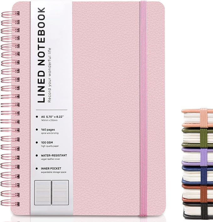 ABERLLS Lined Spiral Journal Notebook with 160 Pages, 8×5.7in, A5 Spiral Notebook, Journaling Notebooks for Work, School, Women, Men, College Ruled Spiral Notebook, Hardcover Leather Journals, Pink