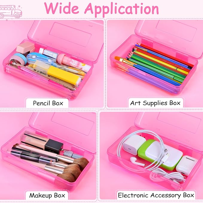 Sooez 1 Pack Pencil Case, Clear Pencil Box with Stickers, Large Plastic Crayon Box with Snap-tight Lid, Stackable Storage Box Art Craft Marker Organizer Box for Kids Boys Back to School, Pink | Clear Pink, Large Capacity, Stickers, Snap-tight Lid, Stac...
