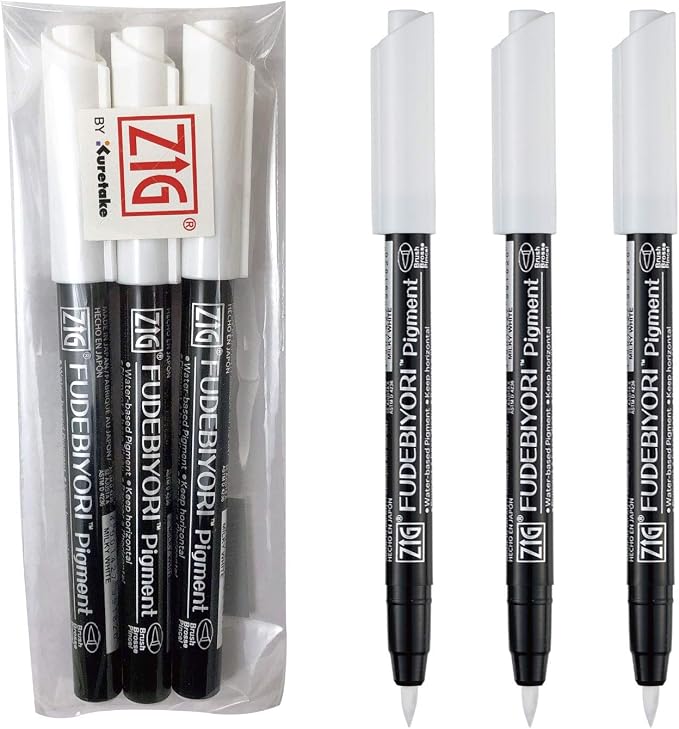 Kuretake ZIG FUDEBIYORI PIGMENT Milky White 3 pens set, For Lettering, Illustlation, AP-Certified, Flexible Hard brush tip, Effective on black paper, Professional quality, Made in Japan