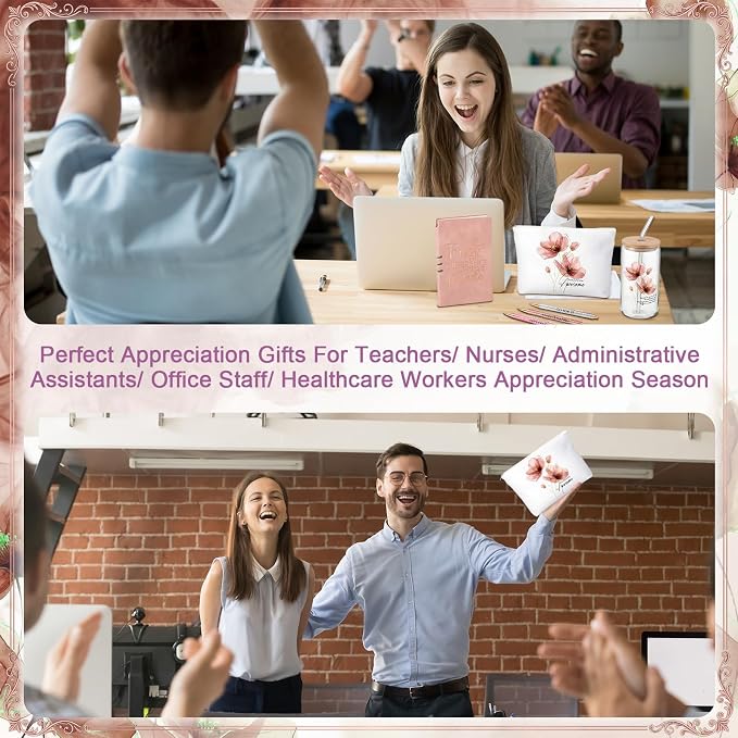 Funnymoom 6 Pcs Appreciation Gifts Set for Women Back to School Teacher Gifts Employee Thank You Gift with 17 oz Glass Tumbler Journal Pens and Pouch for Coworkers Educators,Floral,Pink