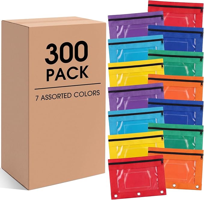 Zhehao 300 Pcs Binder Pencil Pouch Bulk Pencil Pouch for 3 Ring Binder with Zipper and Double Pocket for Writing Utensils School Supplies (Six Colors,Clear Style)