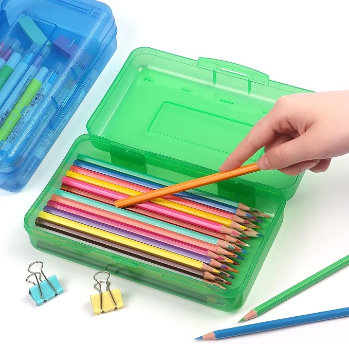 Tamaki 1 Pack Plastic Pencil Box Large Capacity, Green | Clear Boxes with Snap-tight Lid Stackable Design and Stylish Office Supplies Storage Organizer
