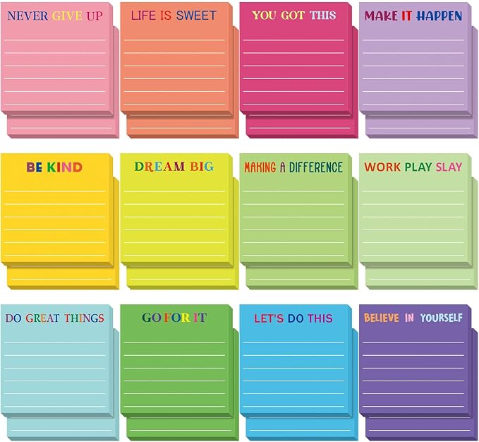 Yinder 12 Pcs Inspirational Sticky Notes, Back to School Supplies, Cute Motivational Sticky Notes Pad Employee Appreciation Gifts Bulk for Teacher Coworker Office 3 x 3'' (Motivational,Dark Color)