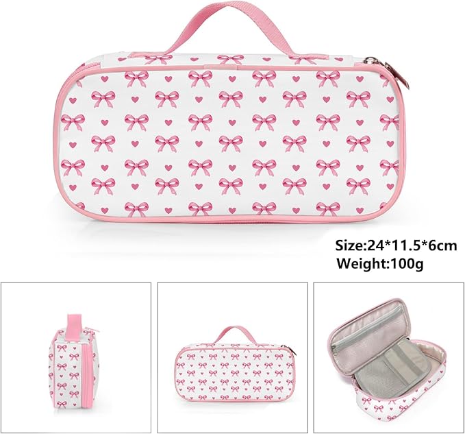 Pink Bow Pencil Case for Girls, Large Capacity Cute Kids Pencil Box with Zipper Compartments, Portable Pen Pouch Bag for Office School Travel